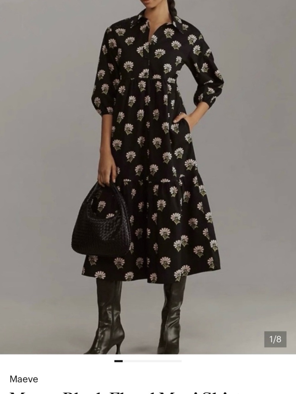 Anthropologie- Maeve-Black Floral Midi Dress with Pink & Green Bloom Print